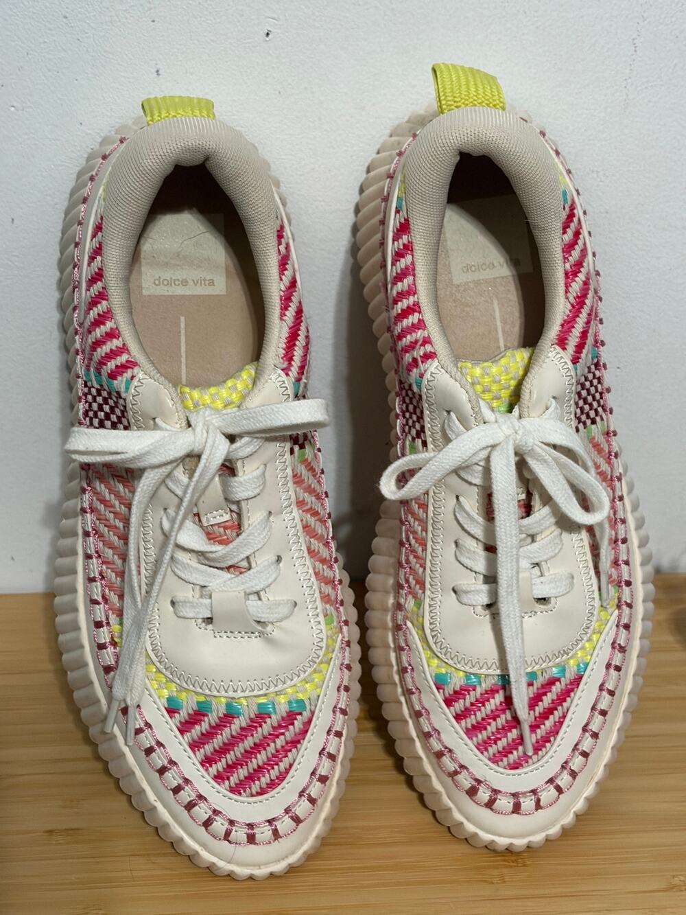 Dolce Vita Denaf Woven Platform Sneakers Pink White Chunky Lace Up Shoes 8M